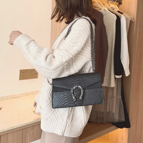 🇮🇹Borse In Pelle Gray Genuine Leather Snake-Embossed Shoulder/Crossbody Bag - Picture 15 of 16